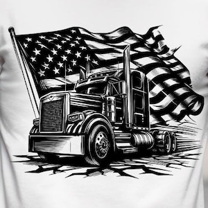 May include: A white t-shirt with a black and white illustration of a semi-truck driving in front of an American flag.