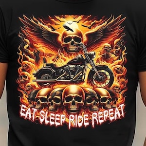 Eat Sleep Ride Repeat PNG Sublimation Design, Hell Rider Png, Flaming Bike Design, Biker Shirt, Rider Skull PNG, PNG Digital Download Only