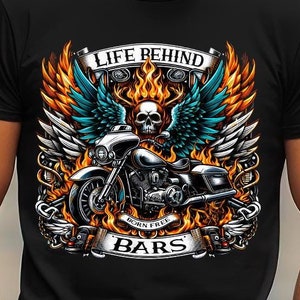 Life Behind Bars PNG Sublimation Design, Hell Rider Png, Flaming Bike Design, Biker Shirt, Rider Skull PNG, PNG File Digital Download Only