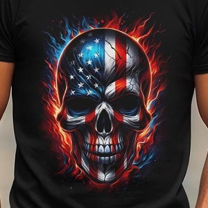 Teschio bandiera americana, design mezzitoni per maglietta nera e tono pieno per altre magliette colorate, design motociclista, design teschio, file PNG trasparente