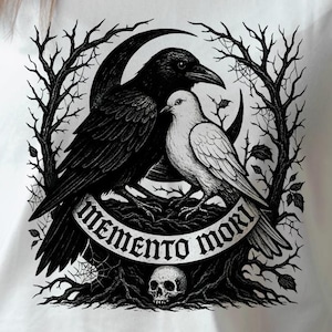 Memento Mori Cuervo Paloma PNG, Diseño de camiseta con calavera de pájaro gótica, Sublimación de Dark Academia, Camiseta estilo tatuaje Muerte y Vida, Descarga digital