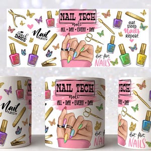 Nail Tech 11oz 15oz muggwrap sublimering PNG, akryl nagelkonstnär kaffekopp, skönhetssalongdesign, nageltekniker muggpress digitalfil