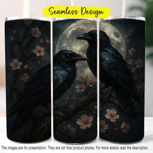 Gothic Raven Tumbler Wrap PNG, 20oz Skinny Halloween Tumbler, Full Moon Crow Design, Dark Floral Gothic Cup Sublimation, Digital Download