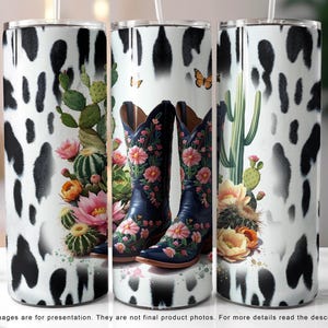 Western Cowgirl Boots Cactus & Flowers Tumbler Wrap, 20 oz Skinny Tumbler Sublimation Design, Cowhide Cow Wrap Design PNG Digital Download