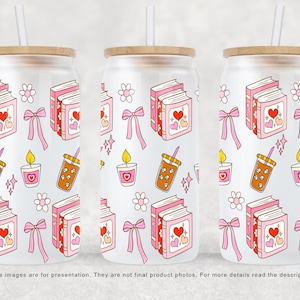Coquette Bookish Girlie 16oz Glass Can PNG, Books Libbey Wrap png, Libbey Glass Wrap, Glass Can Wrap UVDTF Sublimation file Digital Download