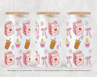 Coquette Bookish Girlie 16oz Glass Can PNG SVG, Books Libbey Wrap png, Libbey Glass Wrap, Glass Can Wrap UVDTF Sublimation Digital Download
