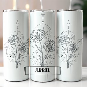 May include: Three white stainless steel tumblers with black geometric designs and floral patterns. The centre tumbler has the word "APRIL" printed on a banner.