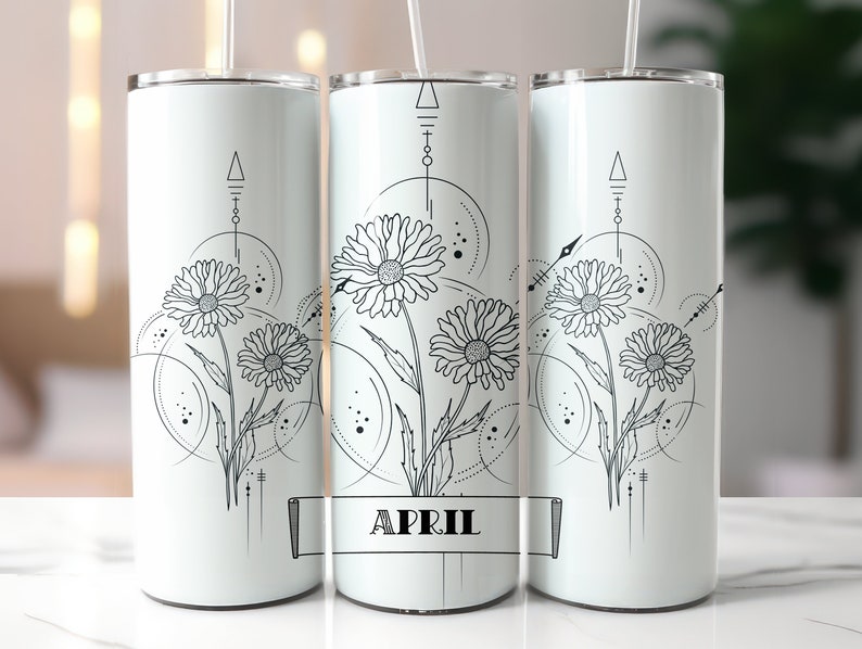 May include: Three white stainless steel tumblers with black geometric designs and floral patterns. The centre tumbler has the word "APRIL" printed on a banner.