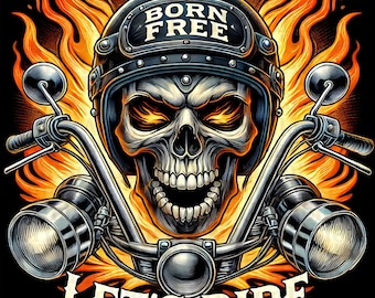 Flamme Schädel PNG Sublimationsdesign, geboren frei lassen Sie uns Rider Design, Schädel PNG, Hell Rider Png, Biker Shirt PNG Datei digitaler Download