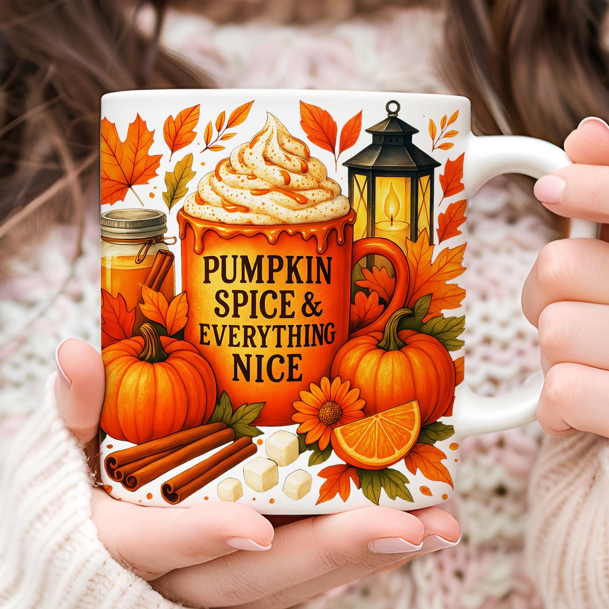 Orange Pumpkin Spice Fall Mug Wrap PNG, 11oz 15oz Coffee Cup
