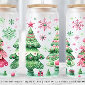 Rosa grüner Weihnachtsbaum und Schneeflocken Glasdosenverpackung Weihnachten 16 Unzen Glasdosen Sublimationsdesign PNG Wrap Nur für digitalen Download
