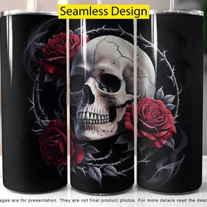 Gothic Skull Rose Tumbler PNG: Floral Sublimation Design (Digital Download)
