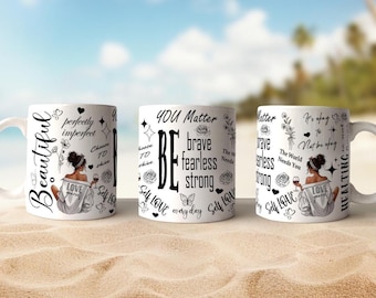 Black Woman Affirmation Mug Wrap PNG, Love Yourself 11oz 15oz Cup Template, Mug Sublimation Design, Daily AffirmationsbDigital Download