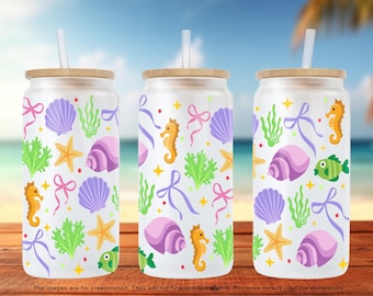 Coquette Seashell 16oz Libbey Glass Can Wrap PNG SVG, Pastel Ocean Life Tumbler Wrap, Beach Coastal Cup Design for Cricut, Digital Download