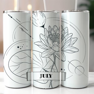 May include: Three white stainless steel tumblers with black line drawings of a lotus flower and leaves. The tumblers have a geometric design and the word "JULY" is written on the middle tumbler.