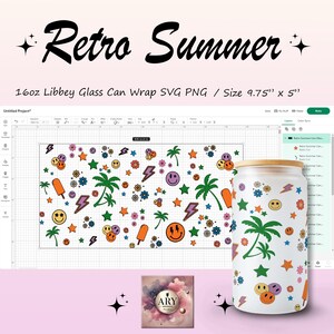 Hello Summer 16oz Libbey Glass Wrap PNG SVG, Retro Smile Face & Lightning Bolt, Summer Can Glass Wrap Design for Cricut, Digital Download