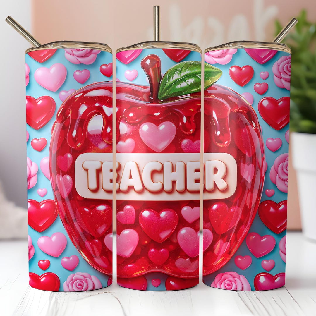 Gimme Gummy Red Apple Teacher Tumbler Wrap PNG, Hearts and Roses 20oz ...