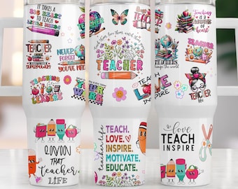 Teacher Appreciations 40 oz Quencher Tumbler Wrap Sublimation Design, Teach Love Inspire School Quotes 40oz Quencher PNG Digital Download