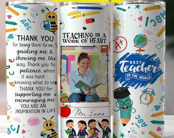 Teacher Thank You 20oz Tumbler Wrap PNG, Add Your Photo & Name Sublimation Template, Back to School Teacher Gift, PNG Digital Download File