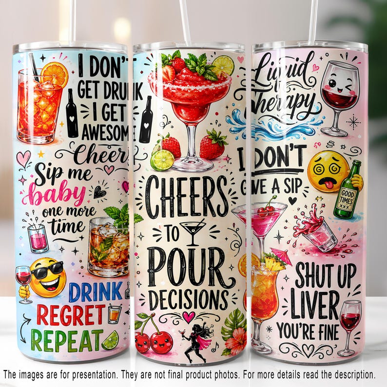 Cheers to Pour Decisions 20oz Skinny Tumbler Wrap, Cocktail Alcohol PNG, Funny Drinking Sublimation Design, Cup Wrap, Digital Download