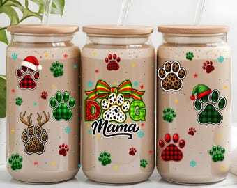 Dog Mama Christmas Coquette 16oz Glass Can, Paw prints Libbey Glass Can Wrap: Puppy Lover Design (PNG Digital Download)