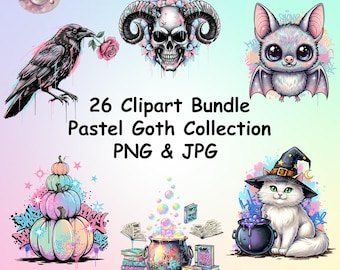 Pastel Goth Clipart Bundle PNG, 26 gruselige niedliche Halloween-Grafiken, ziemlich gruselige Ästhetik, Pastel Goth Sublimation Digital Download-Dateien