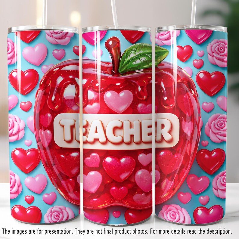 Gimme Gummy Red Apple Teacher Tumbler Wrap PNG, Hearts and Roses 20oz ...
