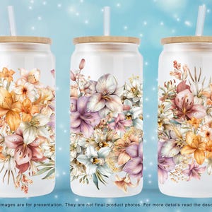 Watercolor Boho Flowers 16 oz Libbey Glass Can PNG Design, Floral Glass Can Wrap, Boho Libbey Can, PNG Digital Download, Boho Tumbler Wrap