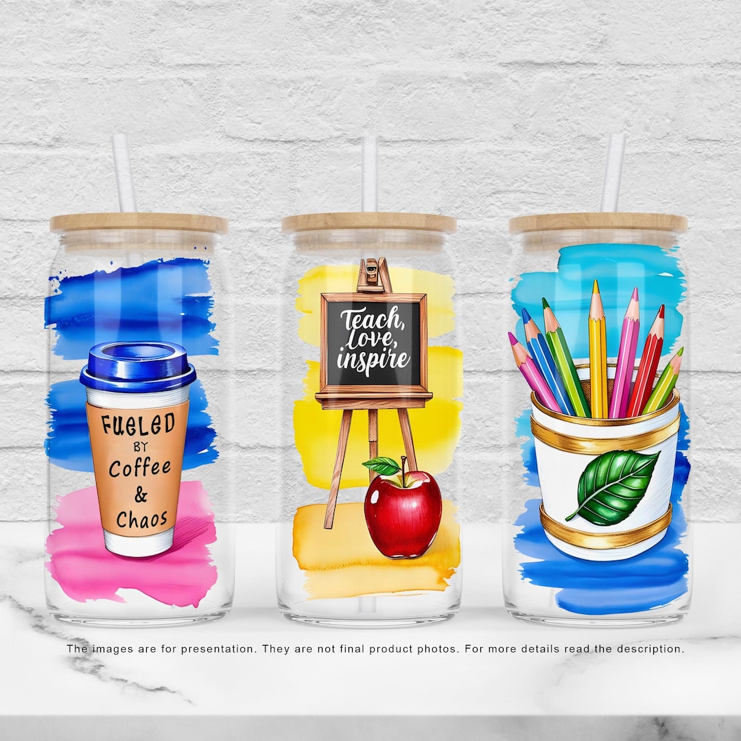 Teach Love Inspire 16oz Libbey Glass Can Wrap PNG, Brushstrokes Teacher ...