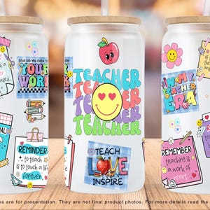 Groovy Teacher Reminders Glass Can PNG, Clear Glass Can Wrap, Teacher 16oz Frosted Glass Sublimation Designs, Retro Teacher Libby Glass Wrap