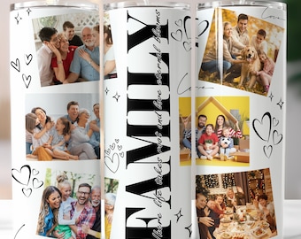 May include: A white tumbler featuring family photos, hearts, and stars. The word "FAMILY" is printed vertically in large black letters, with the phrase "Where life takes root and love eternal blooms" below. The tumbler has a straw.