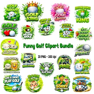 Może przedstawiać: Kolekcja 20 zabawnych obrazków clipart o tematyce golfowej. Projekty przedstawiają piłki golfowe z twarzami, wózki golfowe i frazy takie jak "Golf King", "Fore" i "Sorry, Can't Golf Today". Obrazy są w żywych kolorach zielonym, białym i żółtym.