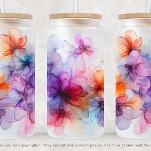 Emballage pour gobelet pour boîte de conserve en verre Libbey 16 oz, encre à alcool, aquarelle en sublimation de fleurs, emballage de boîte de conserve en verre de fleurs sauvages, fleur UVDTF png thumbnail
