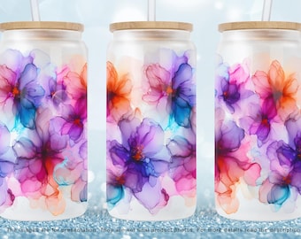 Alcohol Ink Floral 16 oz Glass Can Sublimation Design, Watercolor Flower Tumbler Wrap, Wild Flower Glass Can PNG Design Digital Download