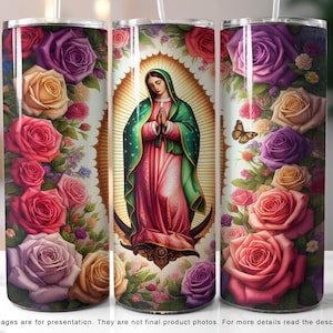 Virgen de Guadalupe Floral Tumbler Sublimation Design, Catholic PNG 20 oz Skinny Tumbler Wrap, Religious Tumbler Design PNG Download Digital