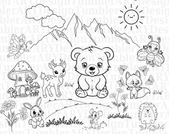 Cute Animals SVG Dxf PNG Woodland Baby Bunny Deer Fox Bear Clipart Botanical Silhouette Daisy Design Cricut Vinyl Laser Cut File Download