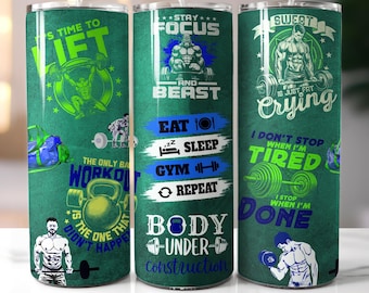 Funny Gym Motivational Affirmations 20 oz Skinny Tumbler Sublimation Design, Gym Tumbler Wrap, Workout Tumbler Seamless PNG Digital Download