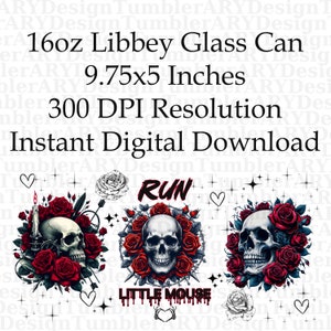 Pode incluir: Tr&ecirc;s designs digitais que apresentam uma caveira com rosas vermelhas e espinhos. Os designs incluem as palavras "RUN", "LITTLE MOUSE" e uma vela. Os designs medem 9,75 polegadas por 5 polegadas e t&ecirc;m uma resolu&ccedil;&atilde;o de 300 DPI.
