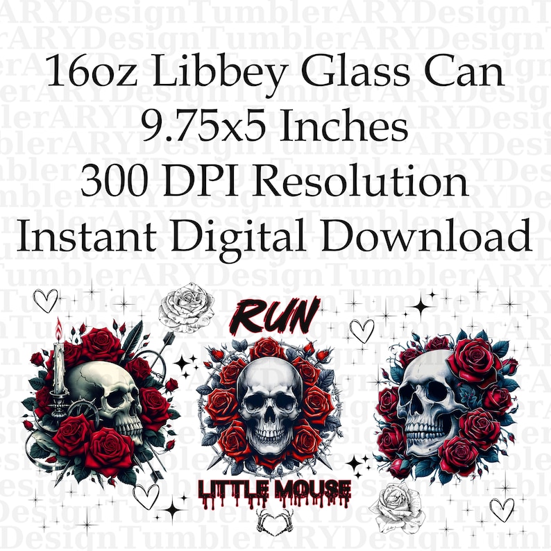 Pode incluir: Tr&ecirc;s designs digitais que apresentam uma caveira com rosas vermelhas e espinhos. Os designs incluem as palavras "RUN", "LITTLE MOUSE" e uma vela. Os designs medem 9,75 polegadas por 5 polegadas e t&ecirc;m uma resolu&ccedil;&atilde;o de 300 DPI.