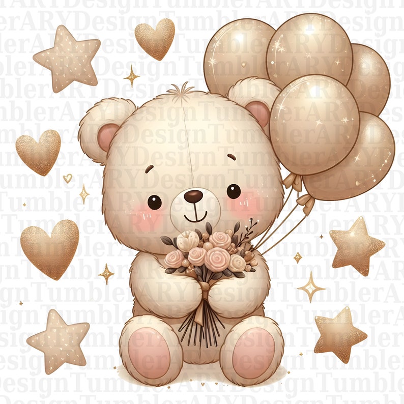 Watercolor Teddy Bear Clipart: Balloons, Baby Shower PNG (digital ...