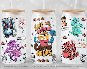 Diseño de sublimación para vaso de vidrio Libbey con frases sarcásticas sobre café (descarga digital)