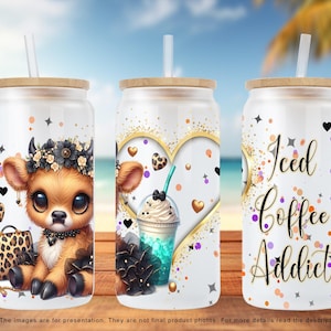 Iced Coffee Addict Flower Highland Cow 16oz Libbey Glass Can Tumbler Sublimation Design, Flower Highland Cow Wrap UVDTF PNG Digital Download