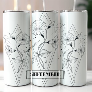 May include: White stainless steel tumbler with a black and white geometric design featuring stylised flowers and the word "SEPTEMBER".