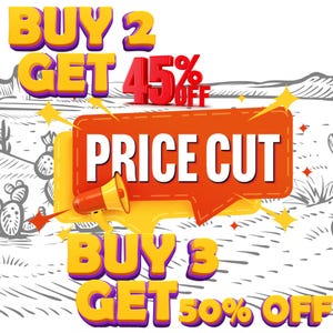 Op de afbeelding: Een gele en paarse cartoonachtige afbeelding met de tekst "BUY 2 GET 45% OFF" en "BUY 3 GET 50% OFF". Een rode spraakballon met een gele rand zegt "PRICE CUT" met een gele megafoon die naar links wijst.
