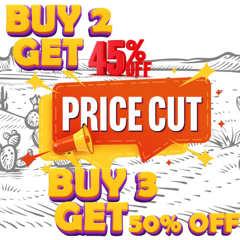 Op de afbeelding: Een gele en paarse cartoonachtige afbeelding met de tekst "BUY 2 GET 45% OFF" en "BUY 3 GET 50% OFF". Een rode spraakballon met een gele rand zegt "PRICE CUT" met een gele megafoon die naar links wijst.