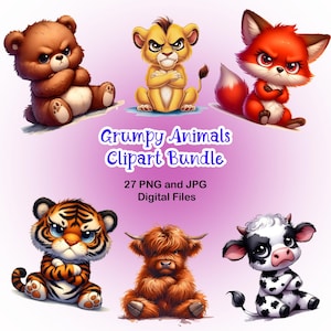 Grumpy Animals Clipart Bundle PNG and jpg, 27 PNG Watercolor Funny Animals Clipart, Cartoon Pet Prints Bundle, Safari PNGs Digital Download