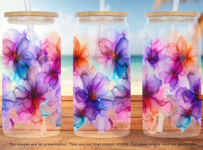 Alcohol Ink Floral 16 Oz Glass Can Sublimation Design, Watercolor