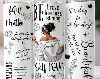 Personalized Love Yourself Black Woman 20oz Skinny Tumbler Sublimation Design, Affirmations PNG Wrap, Blank Name Black Girl Magic Tumbler