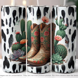 Western Cowgirl Boots Tumbler Wrap, Cactus & Flowers 20 oz Skinny Tumbler Sublimation Design, Digital Download, Straight/Taper Wrap Design
