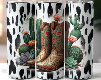 Western Cowgirl Boots Tumbler Wrap, Cactus & Flowers 20oz Skinny Sublimation Design, Digital Download, Straight/Taper